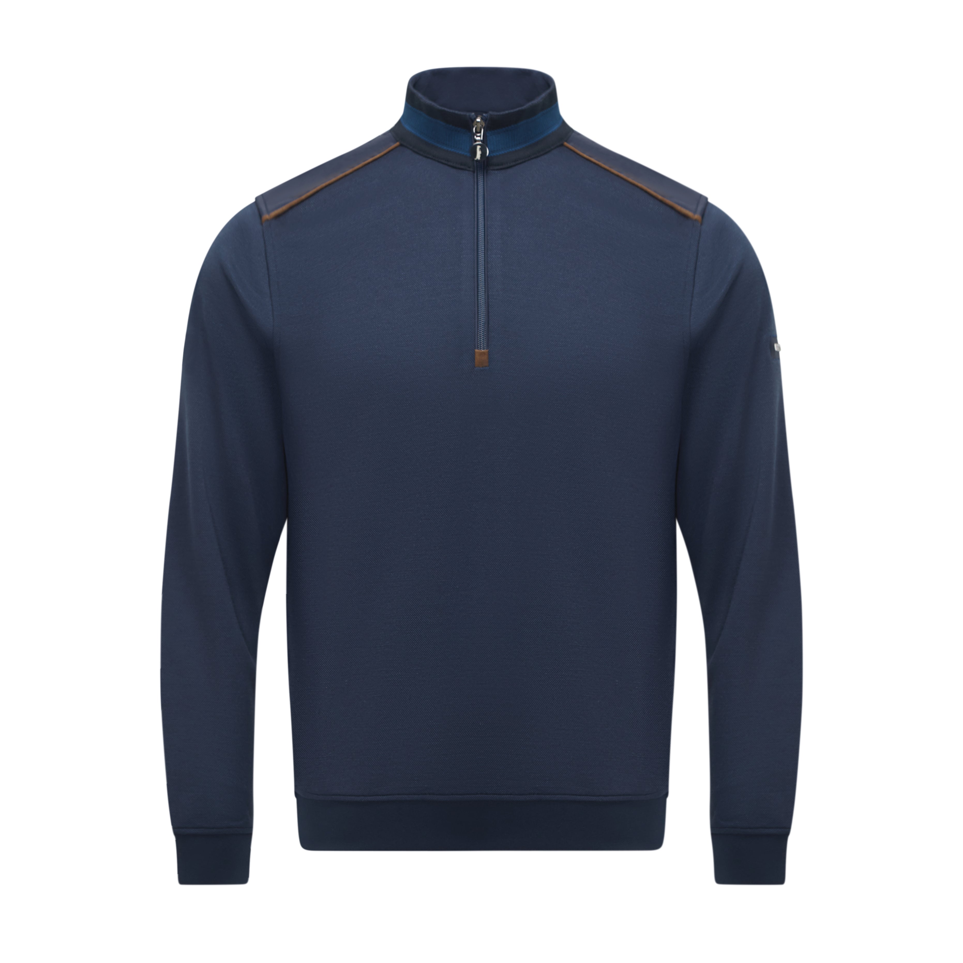 Navy blue pullover with brown accents on a white background