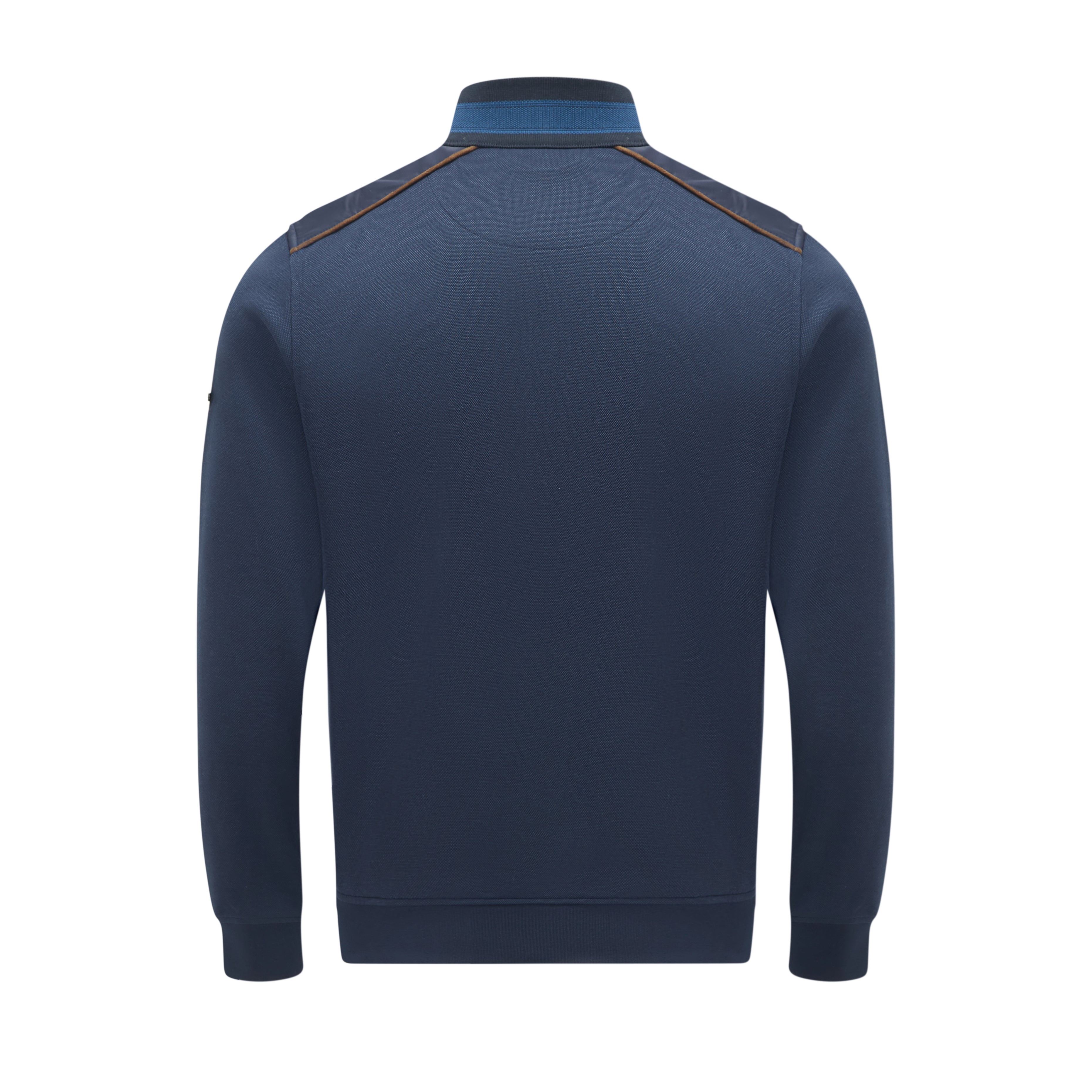 Navy blue sweater with contrasting trim on a white background