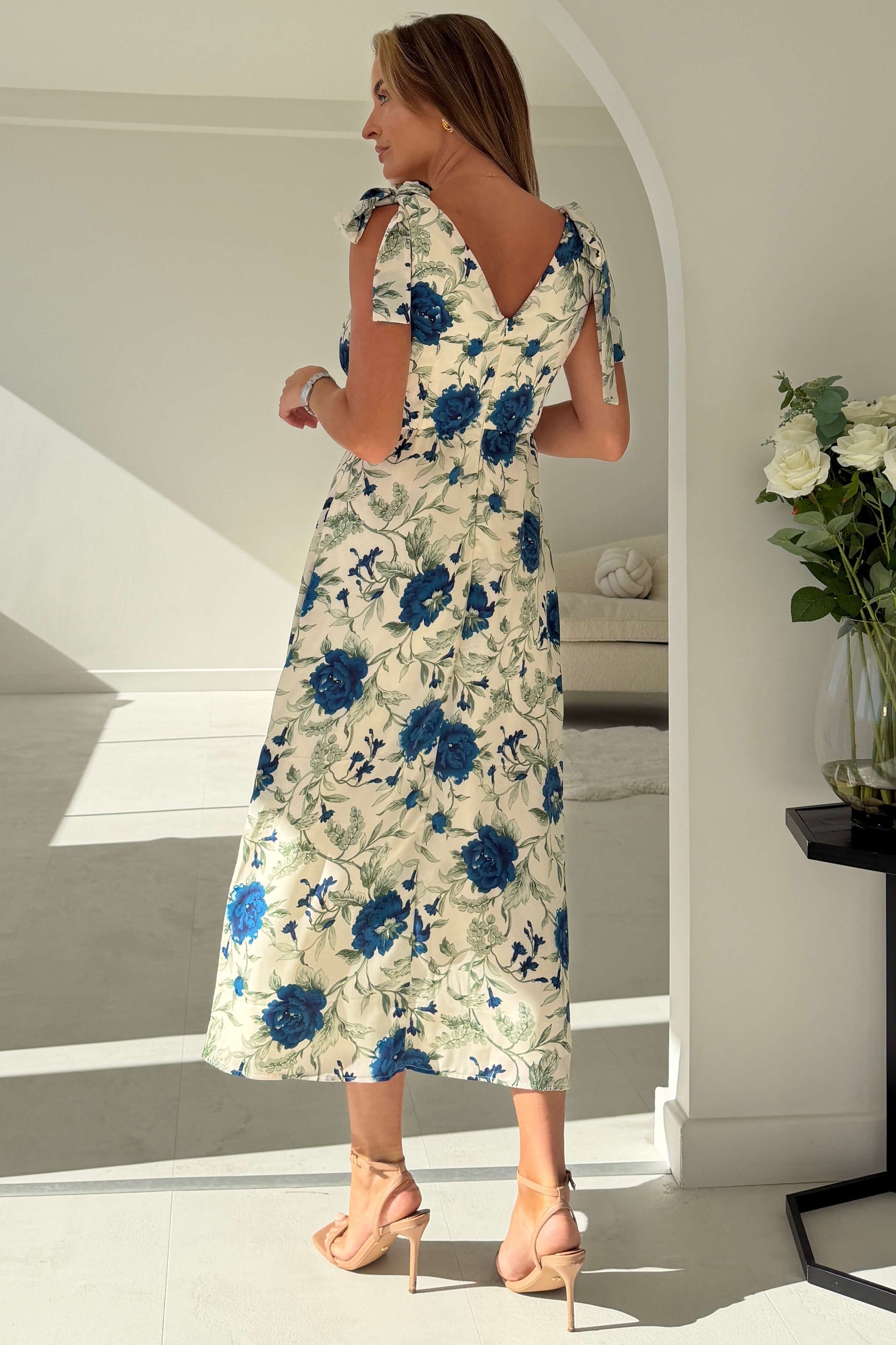 Ladies Beverly Floral Tie Shoulder White Midi Dress-Back View
