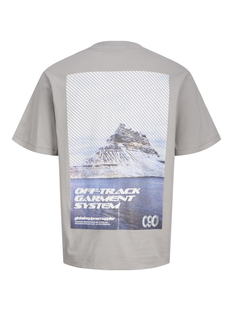 Grey t-shirt with a graphic design on the back featuring text and patterns.