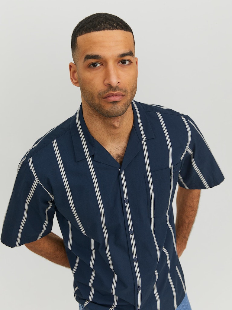 Men's Navy Blazer Cain Resort Shirt-Close Up of Front View