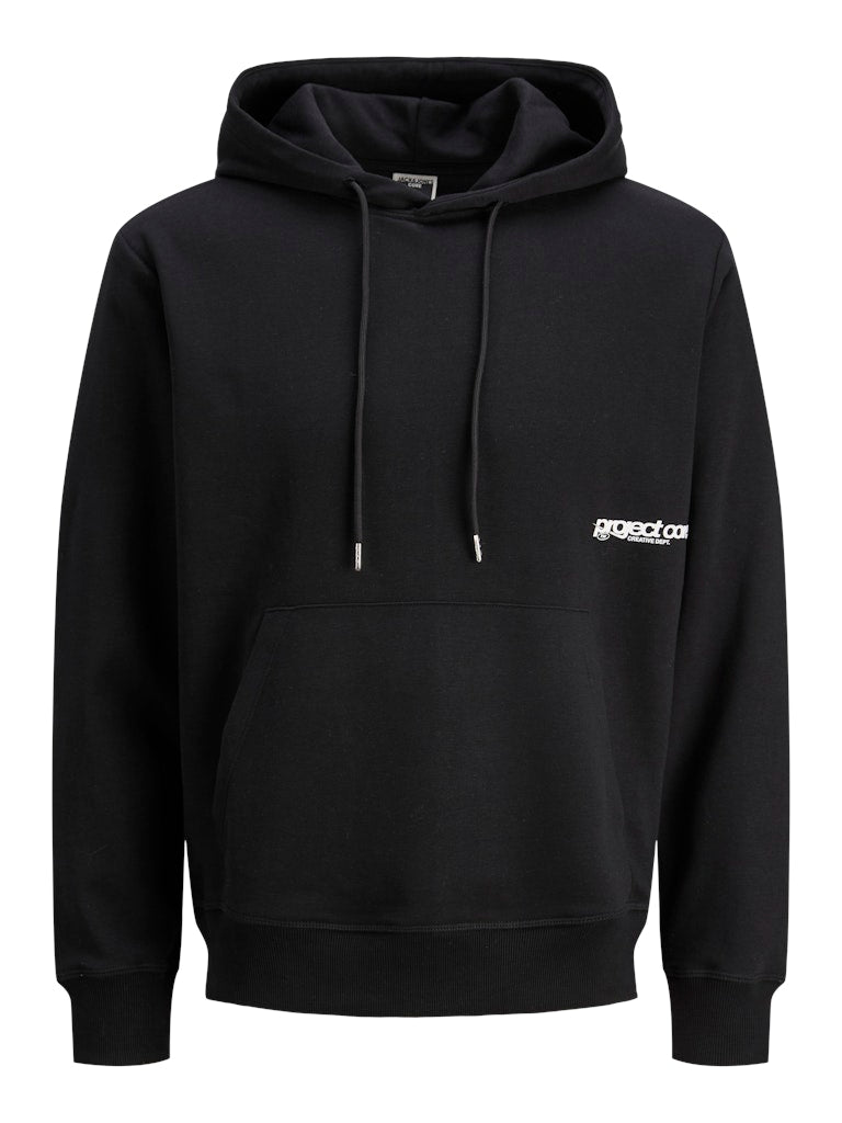 Black hoodie with a logo on the chest against a white background