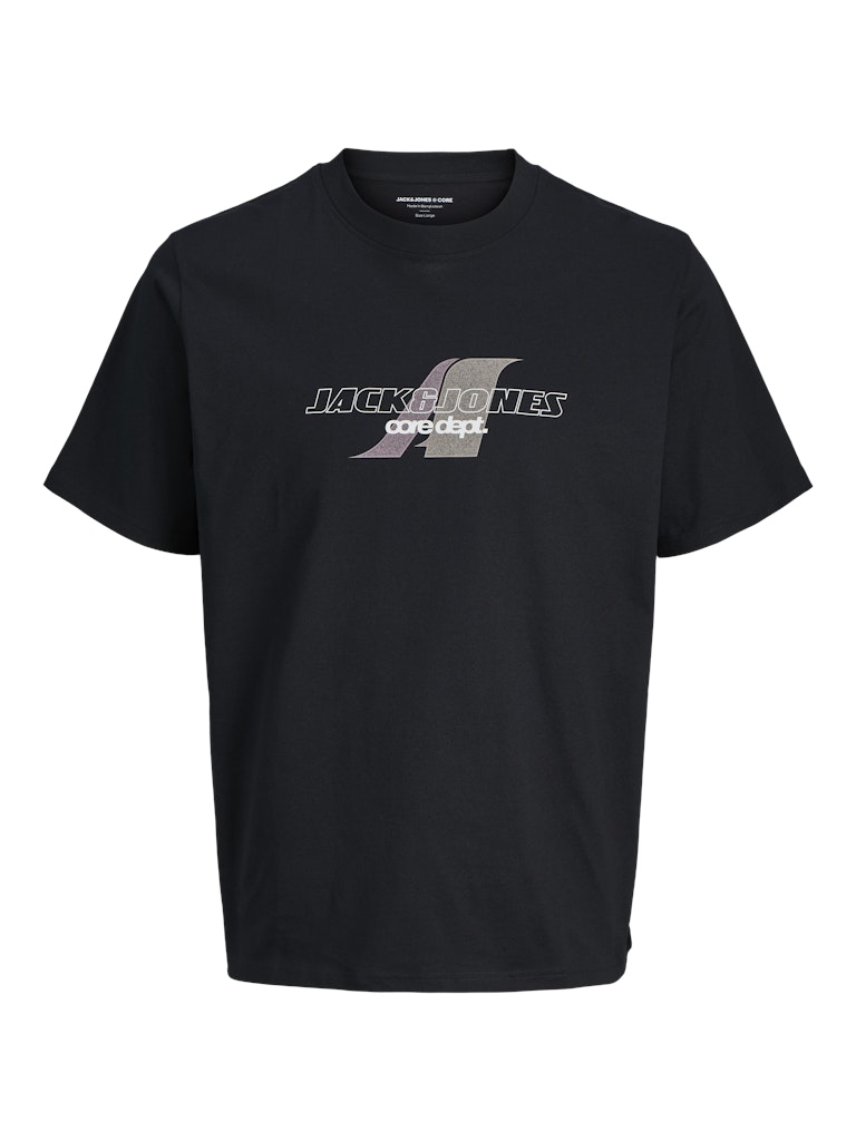 Black t-shirt with a logo on a white background