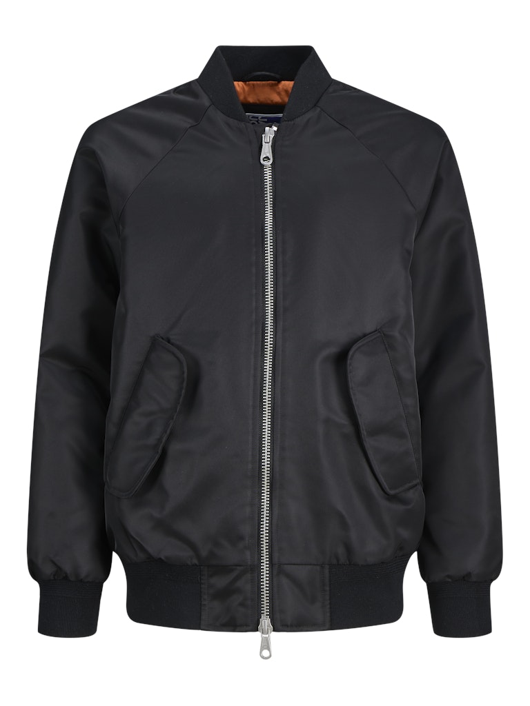 Black bomber jacket with a silver zipper on a white background