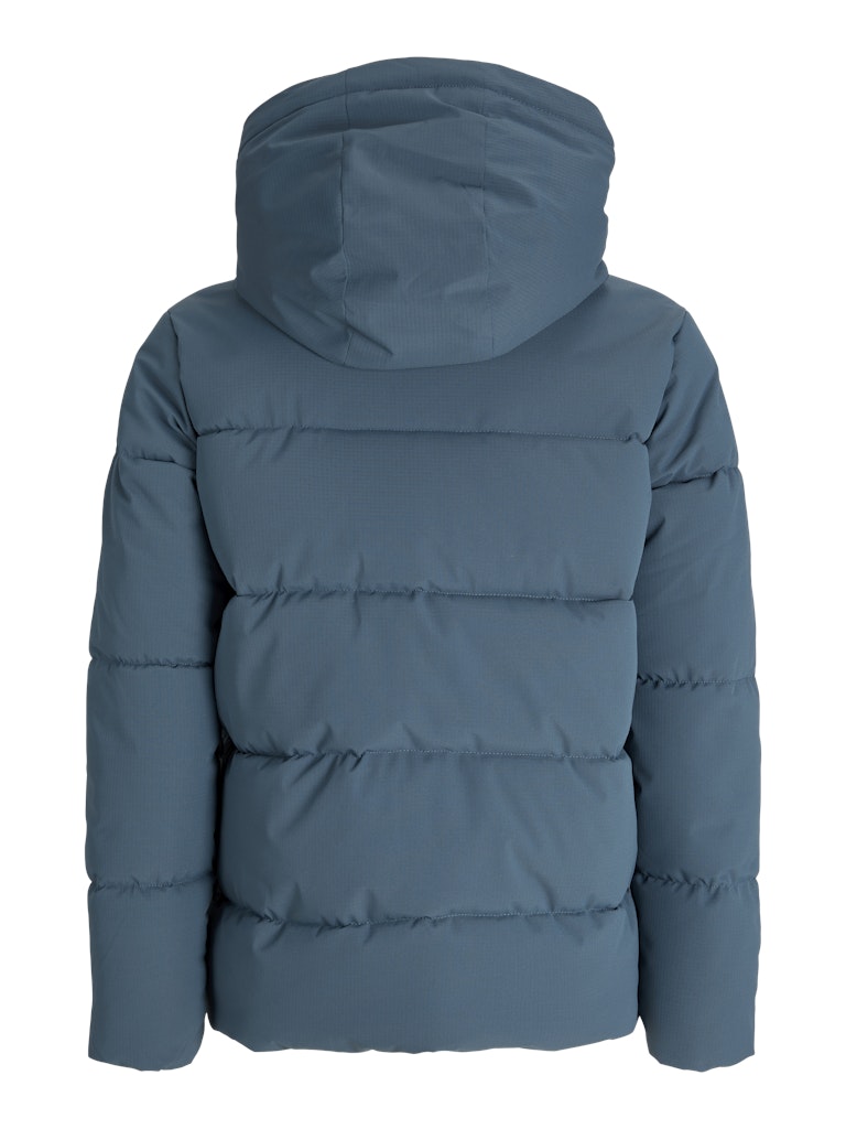 Blue puffer jacket with a hood on a white background
