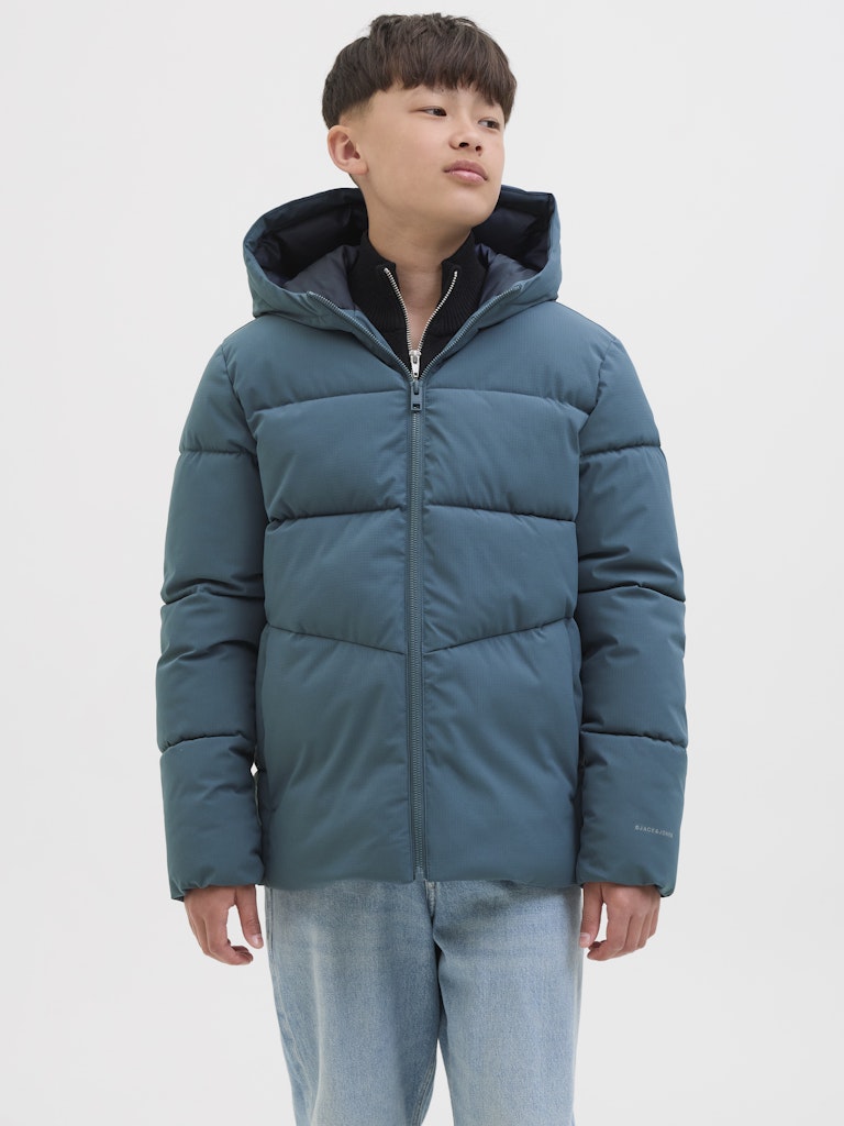 Person wearing a blue puffer jacket on a white background