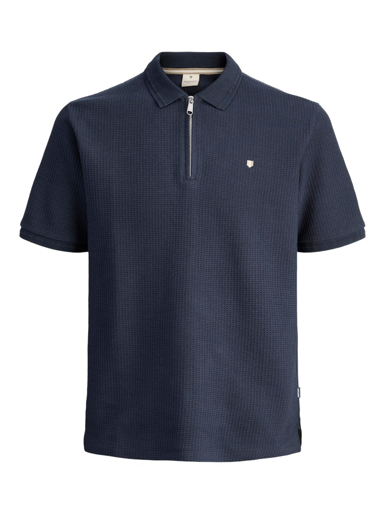 Navy blue textured polo shirt with a small logo on a white background