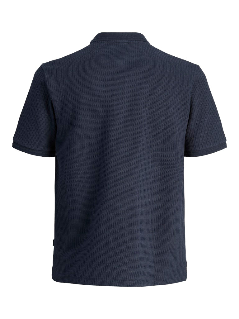 Dark blue textured polo shirt on a white background-Back view
