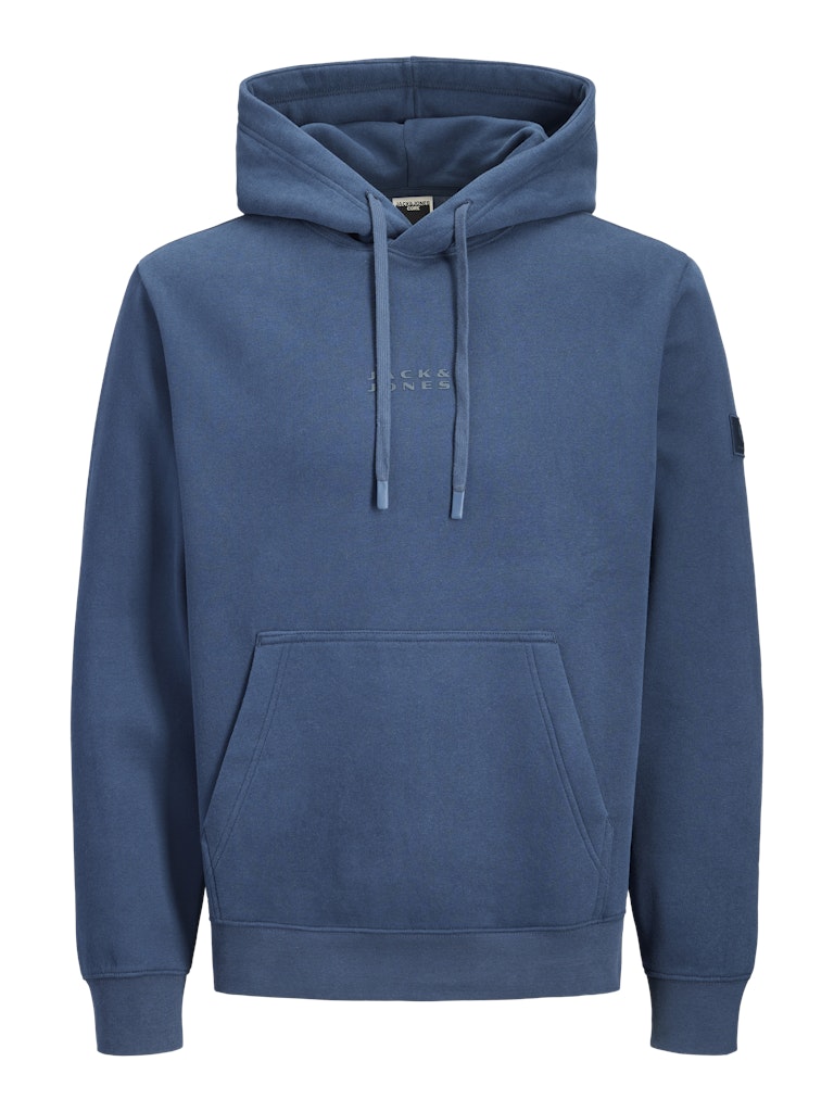 Blue hoodie with 'Jack & Jones' branding on a white background