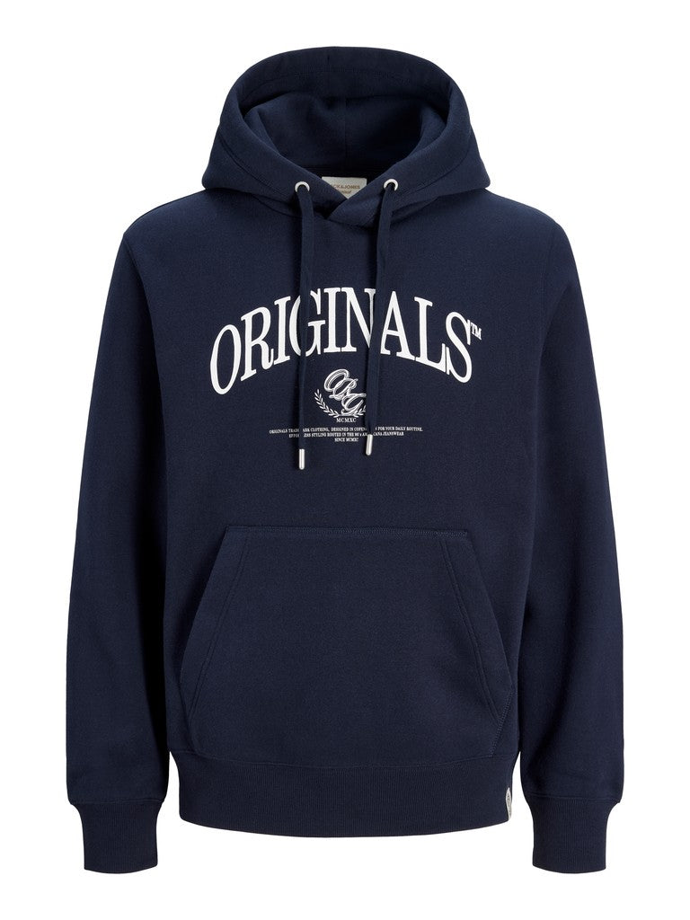 JACK & JONES Frederiksberg Bold Branding Hoodie in Sky Captain front view with Originals chest print and kangaroo pocket