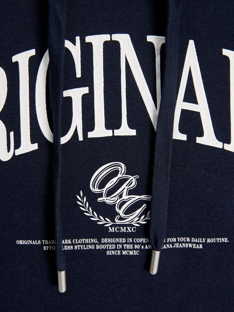 Close-up of the JACK & JONES Frederiksberg Bold Branding Hoodie in Sky Captain with Originals chest print and drawstring