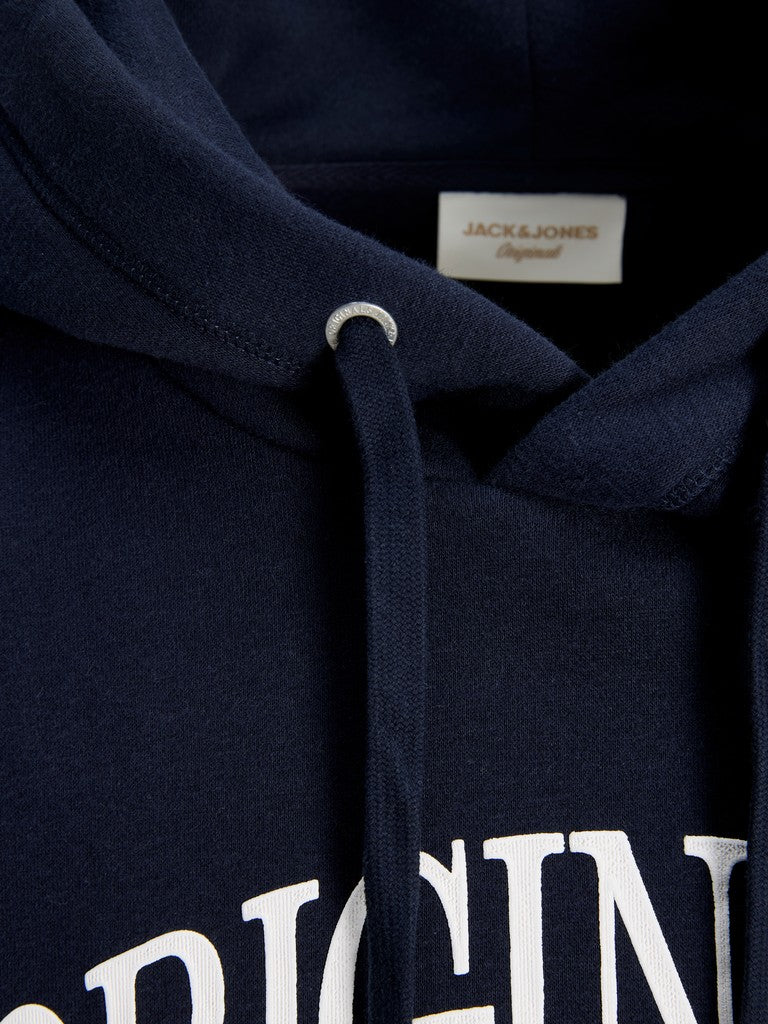 Close-up of the JACK & JONES Frederiksberg Bold Branding Hoodie in Sky Captain with hood drawstring and chest print