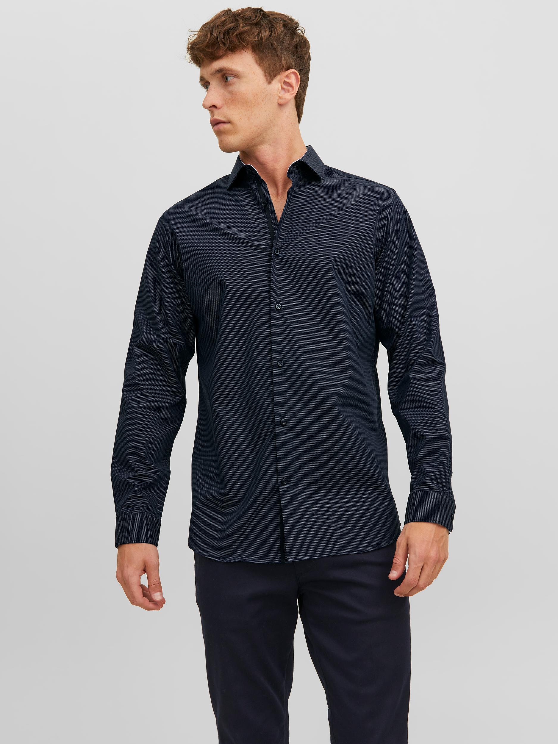 Men's Parker Detail Shirt Long Sleeve - Perfect Navy-Front View