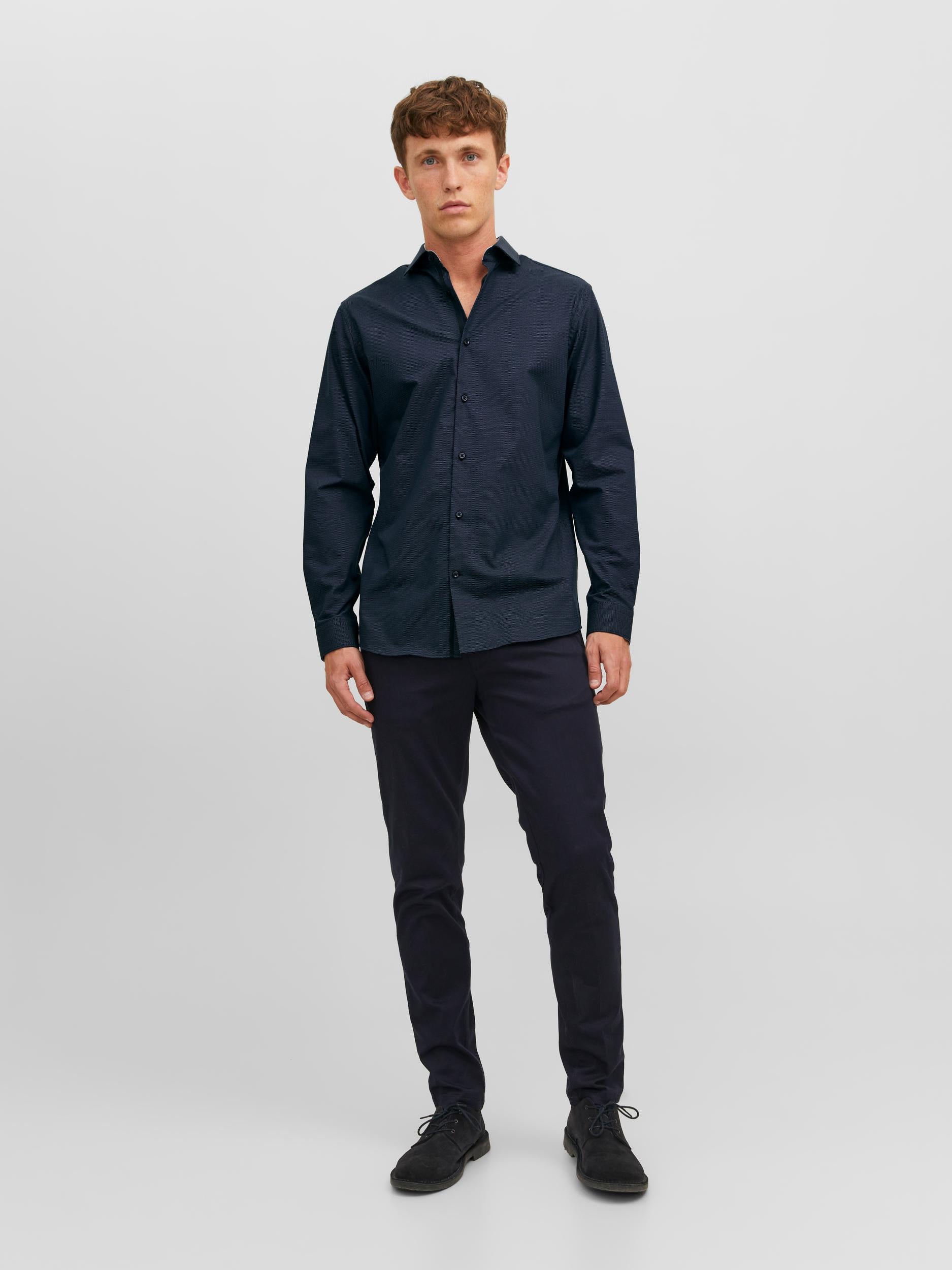 Men's Parker Detail Shirt Long Sleeve - Perfect Navy-Model Full Front View