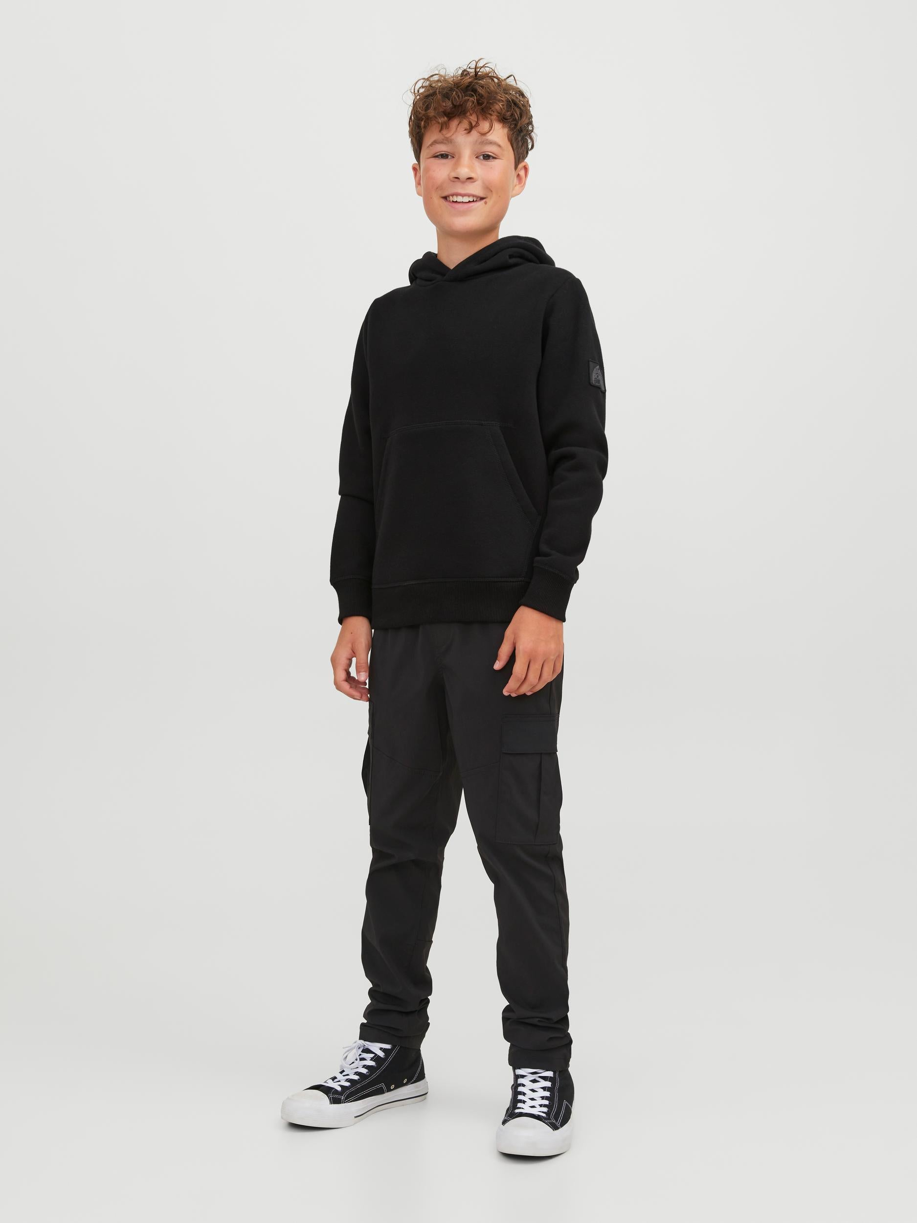Boy's Classic Twill Sweat Hood Junior-Black-Model Full Front View