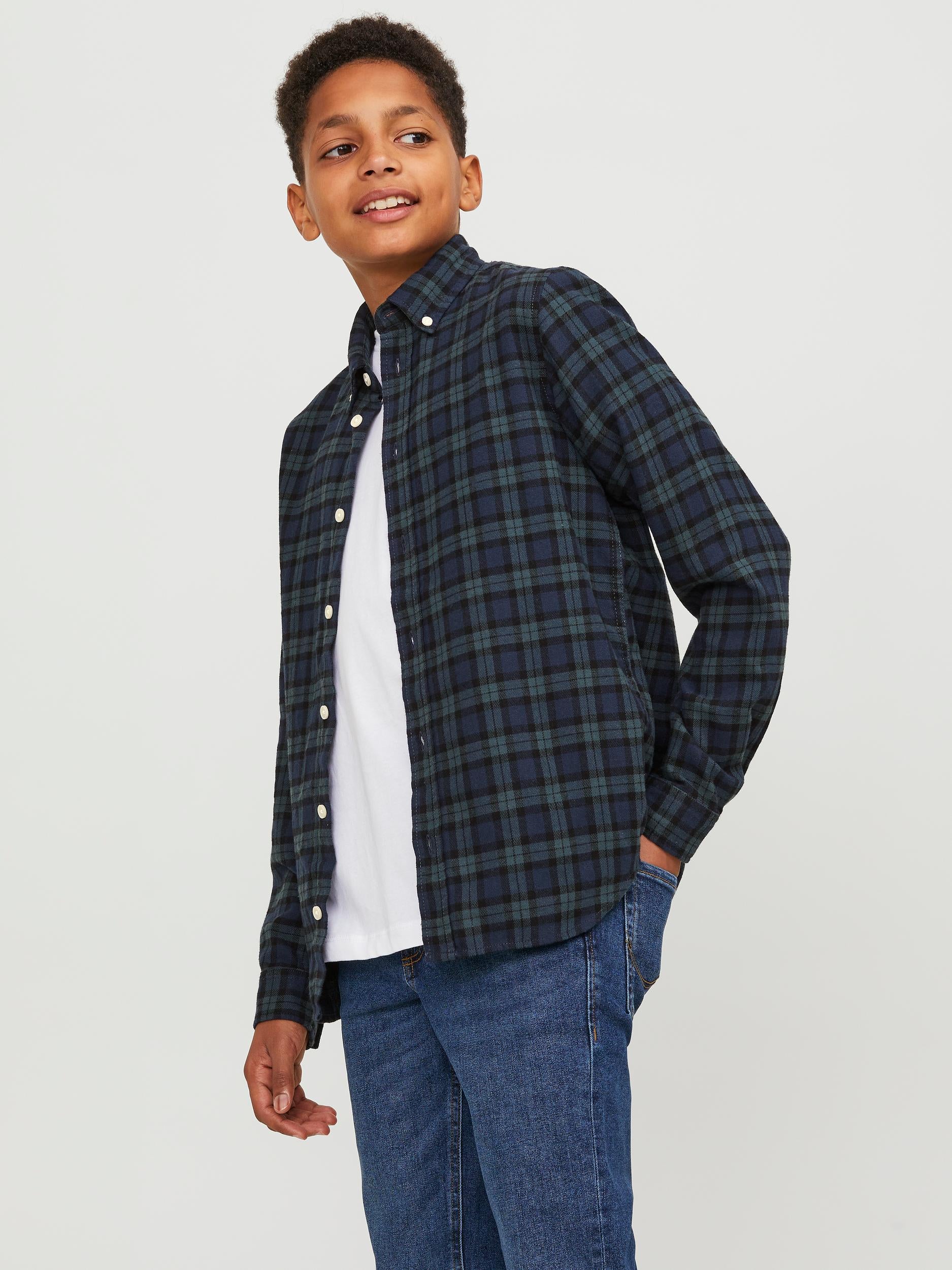 Boy's Cozy Flannel Check Shirt Long Sleeve Junior-Navy Blazer-Front View