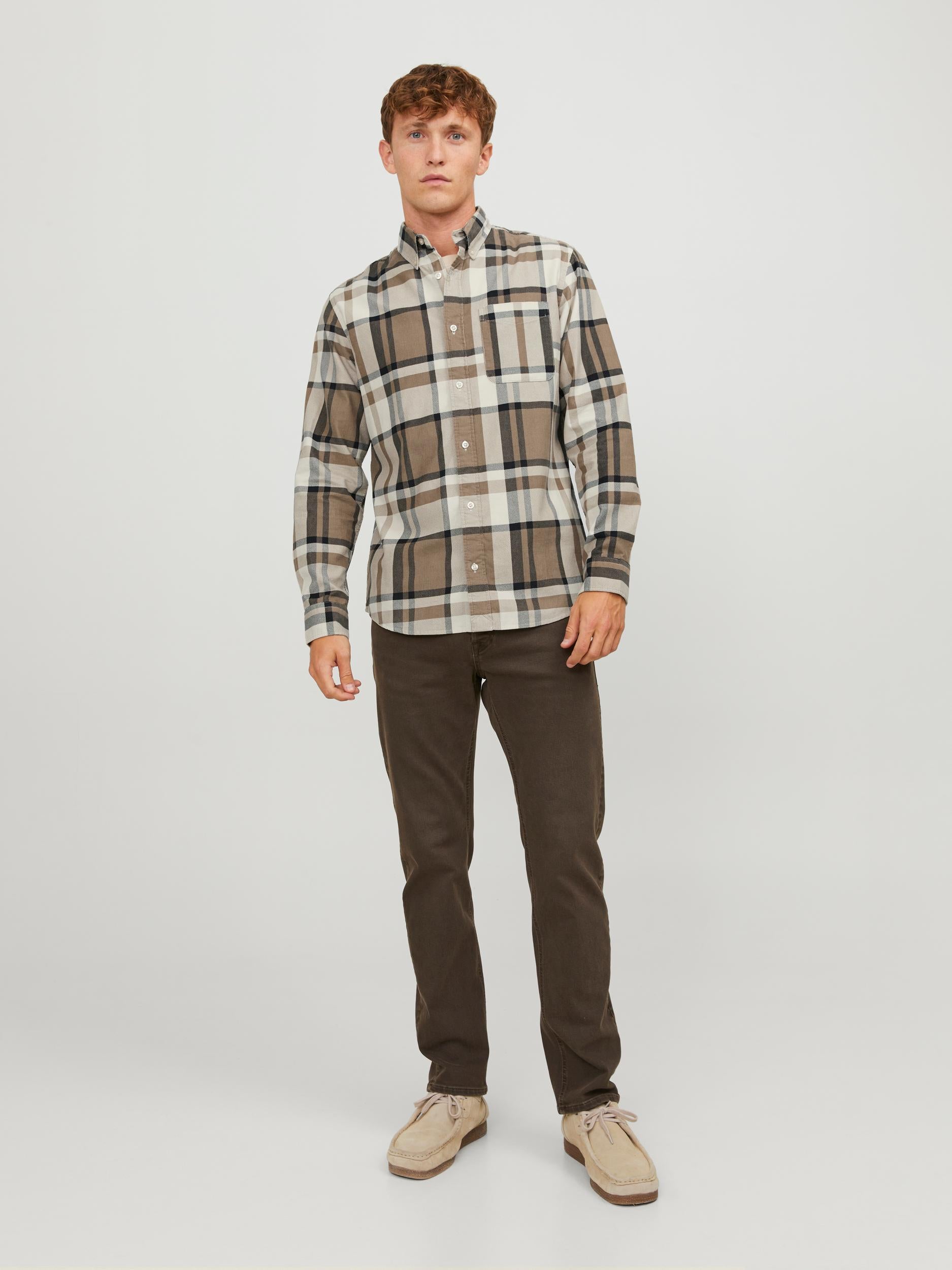 Men's Brook Cord X-mas Shirt Long Sleeve-Pelican-Model Full Front View