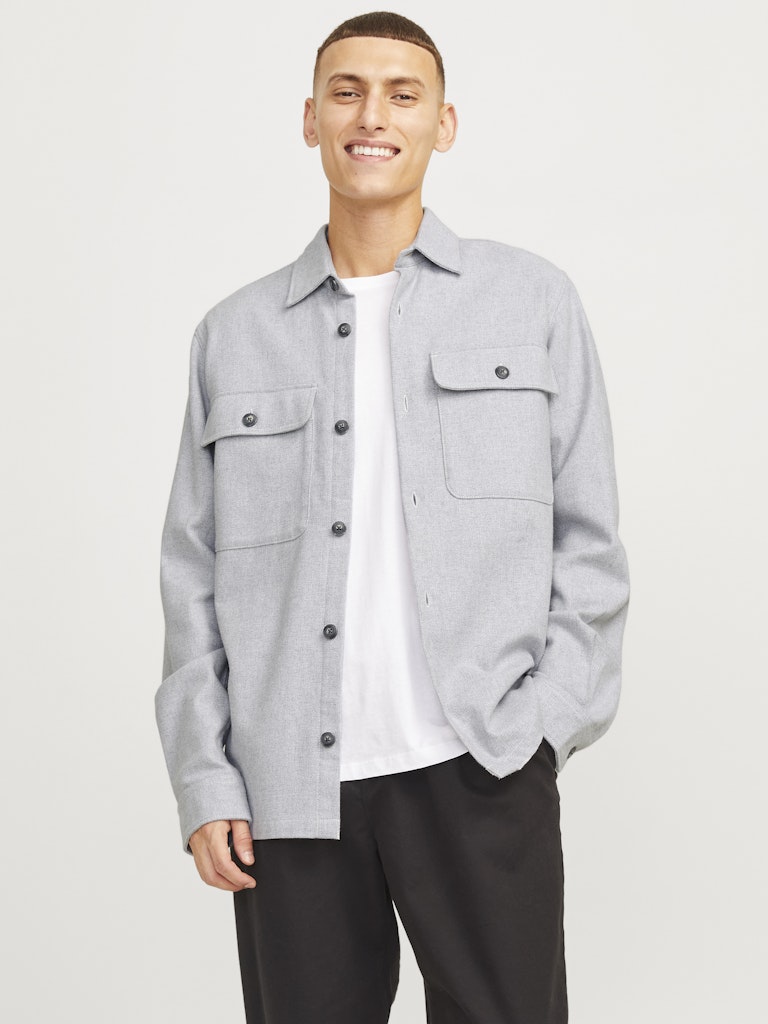 JACK JONES PREMIUM Raymond Melange Solid Long Sleeve Overshirt-Light Grey Melange Light Grey Melange front view