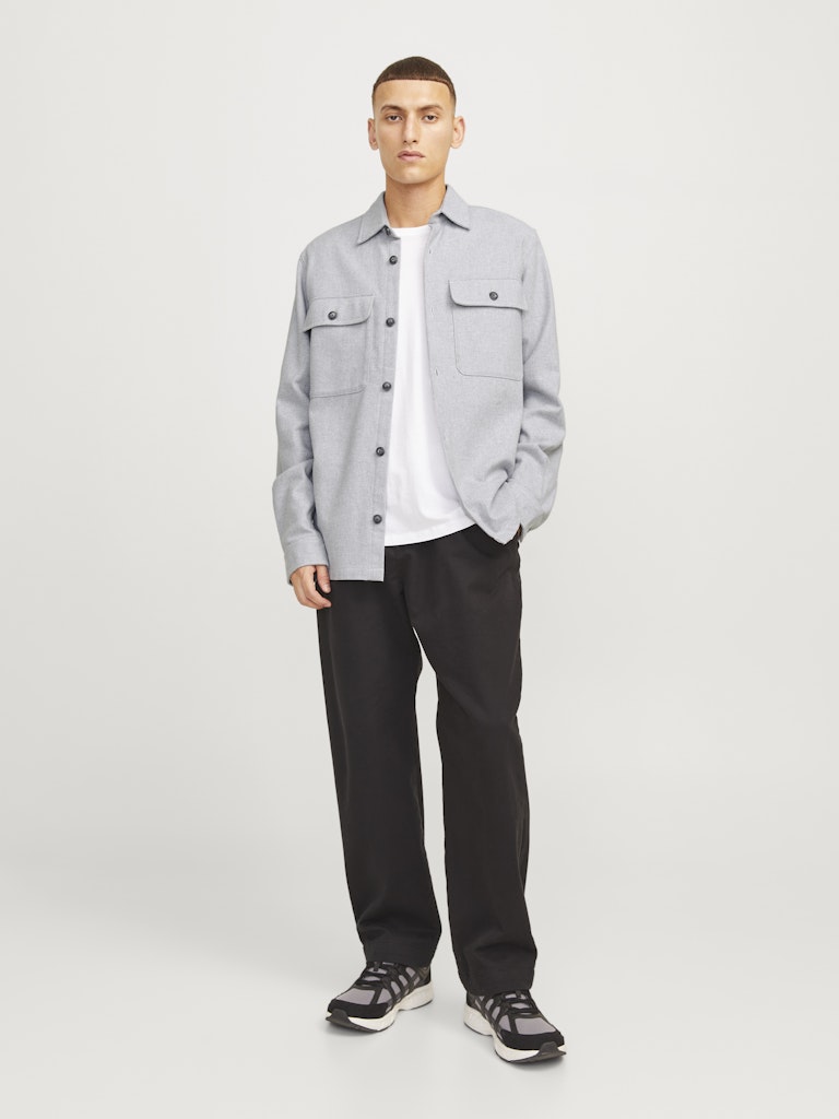 JACK JONES PREMIUM Raymond Melange Solid Long Sleeve Overshirt-Light Grey Melange Light Grey Melange model front view