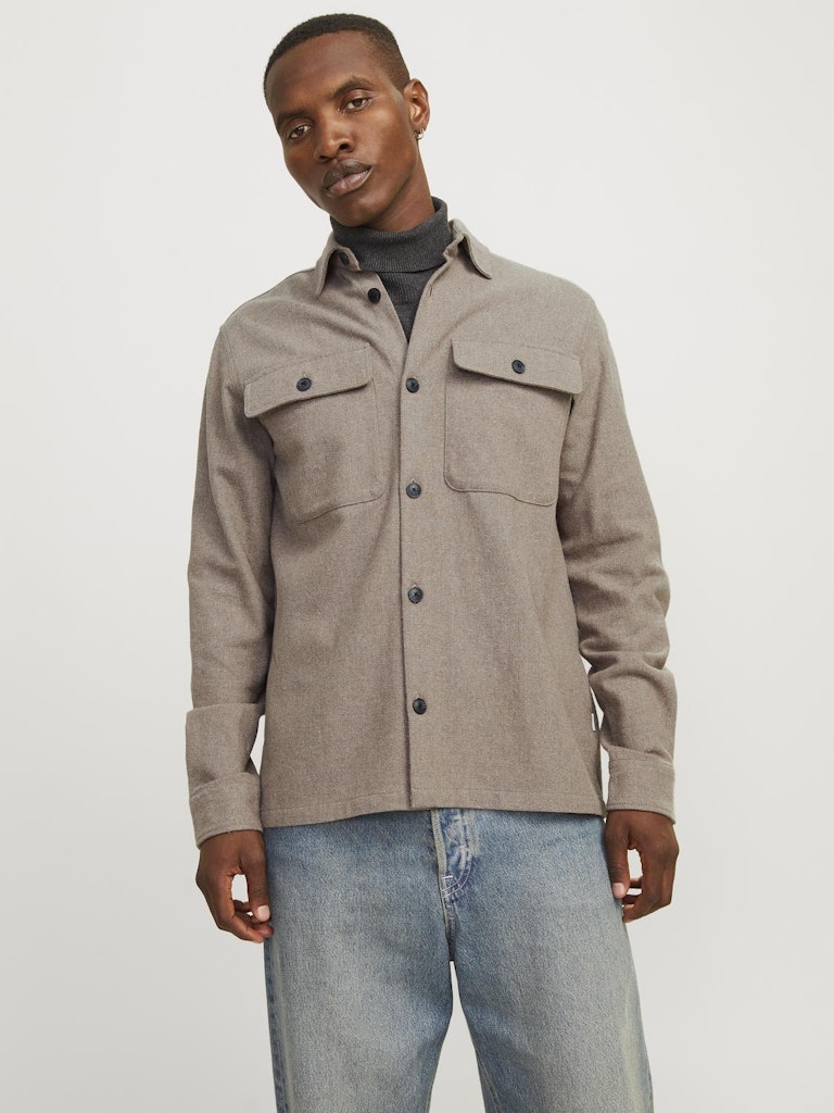 JACK JONES PREMIUM Raymond Melange Solid Overshirt -Greige Greige front view