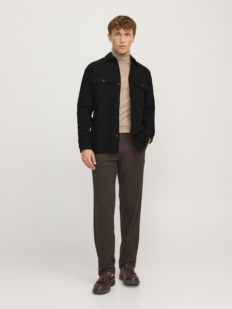 JACK JONES PREMIUM Raymond Melange Solid Long Sleeve Overshirt-Black Beauty Black Beauty model front view