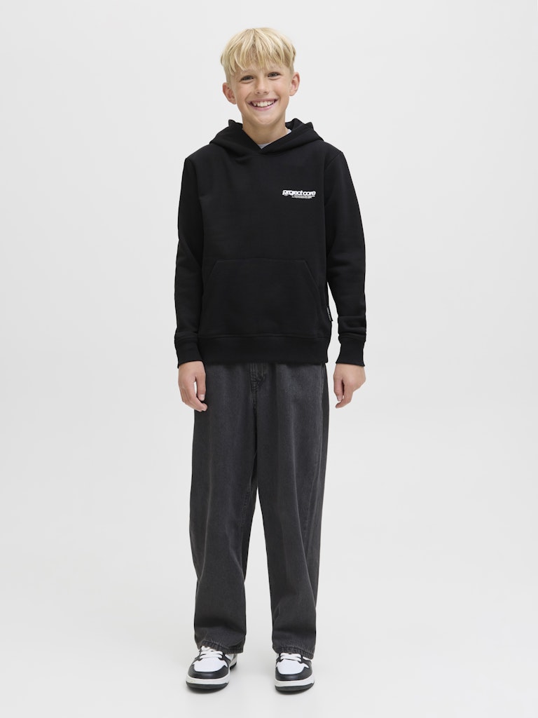 Boy's Union Print Sweat Hood Junior-Black-Model Full Front View