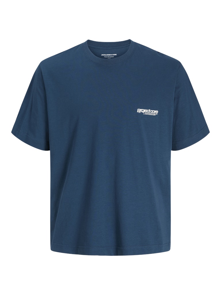Blue t-shirt with a logo on a white background