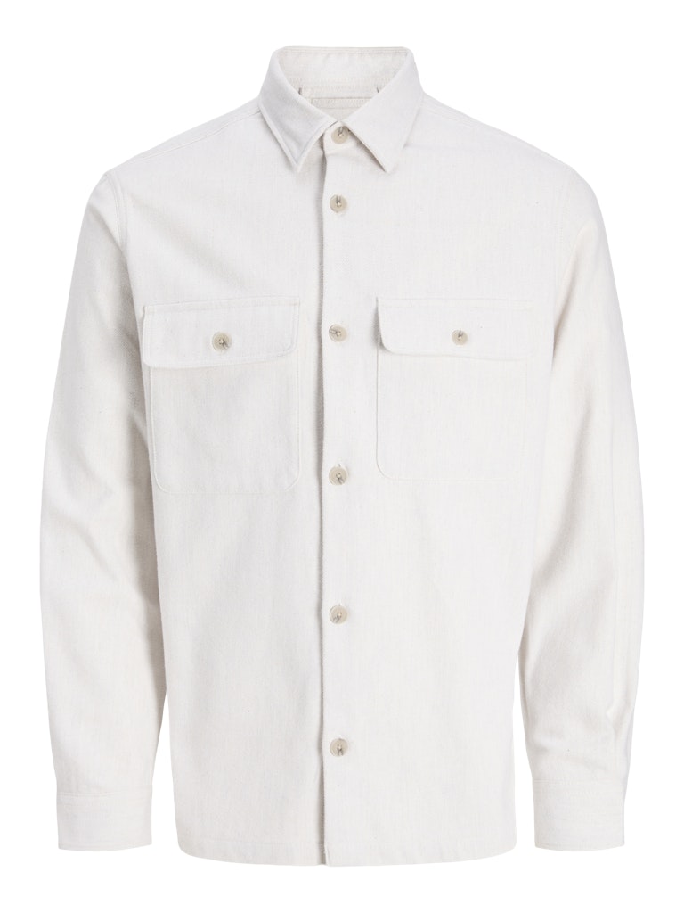 White overshirt with button details on a white background