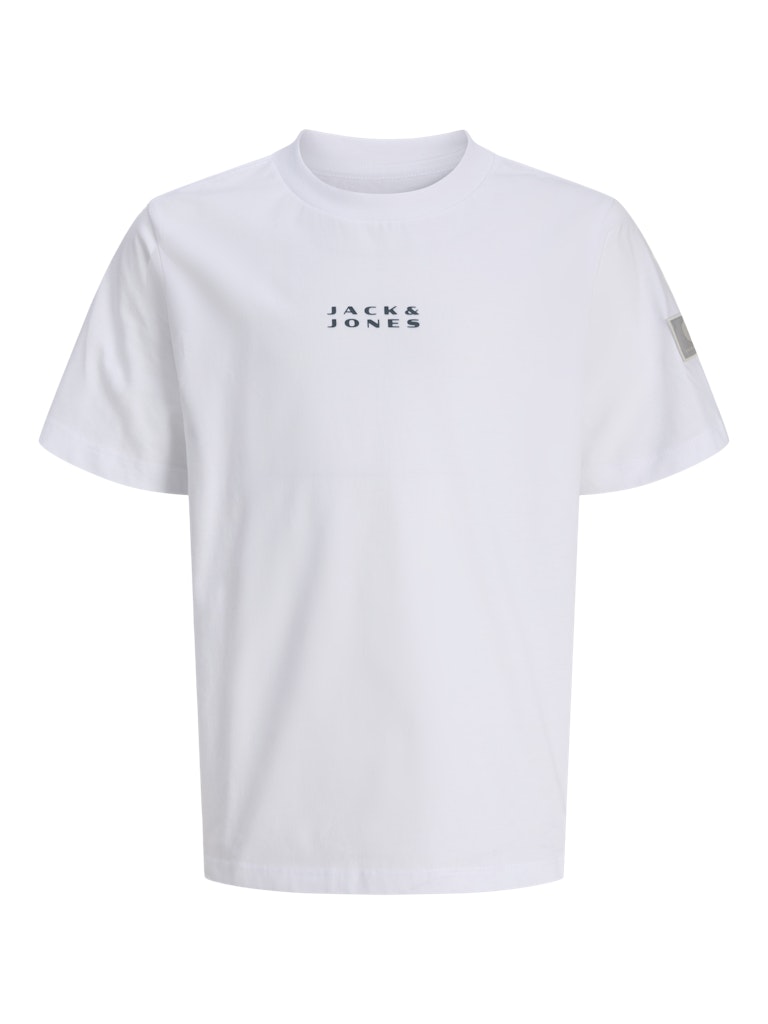 White t-shirt with 'Jack & Jones' logo on a white background