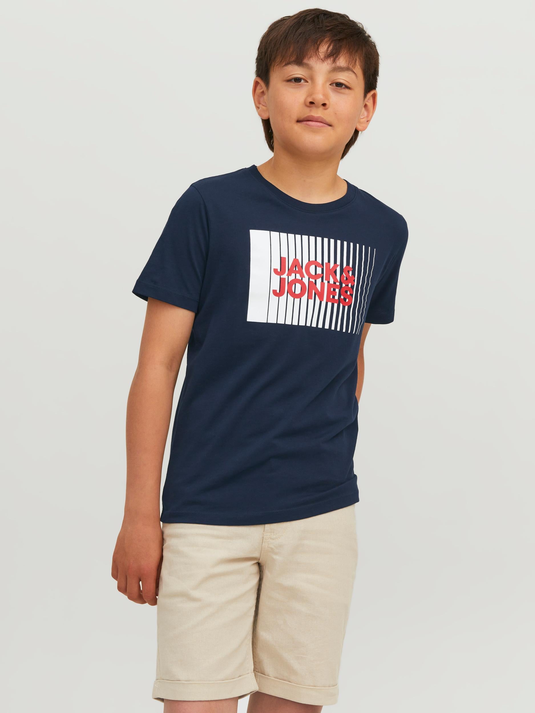 Jack Jones Youths Junior Corp Logo Short Sleeve Tee Navy Blazer model front view