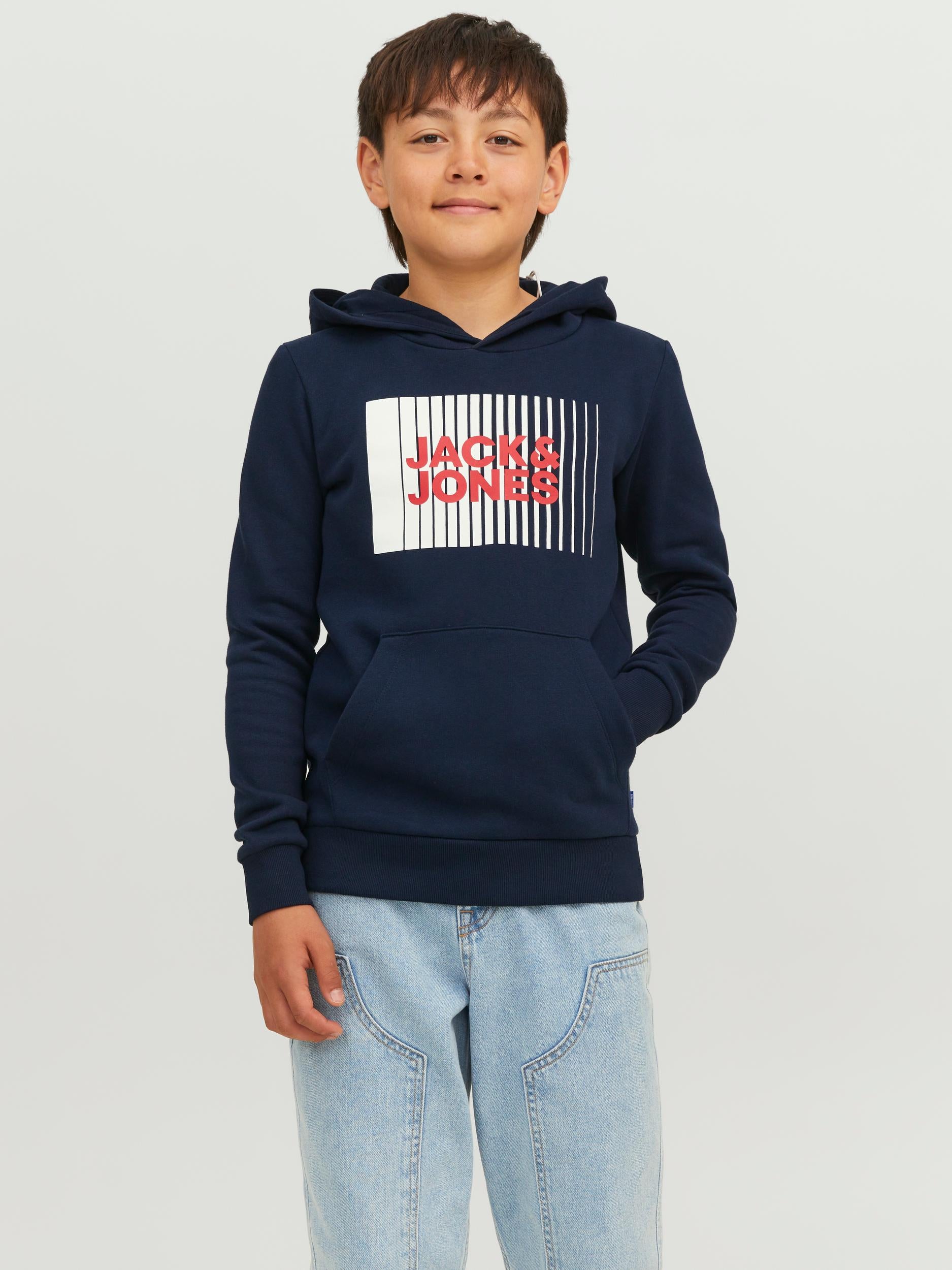 Boy's Navy Junior Corp Sweat Hood-Model Front View