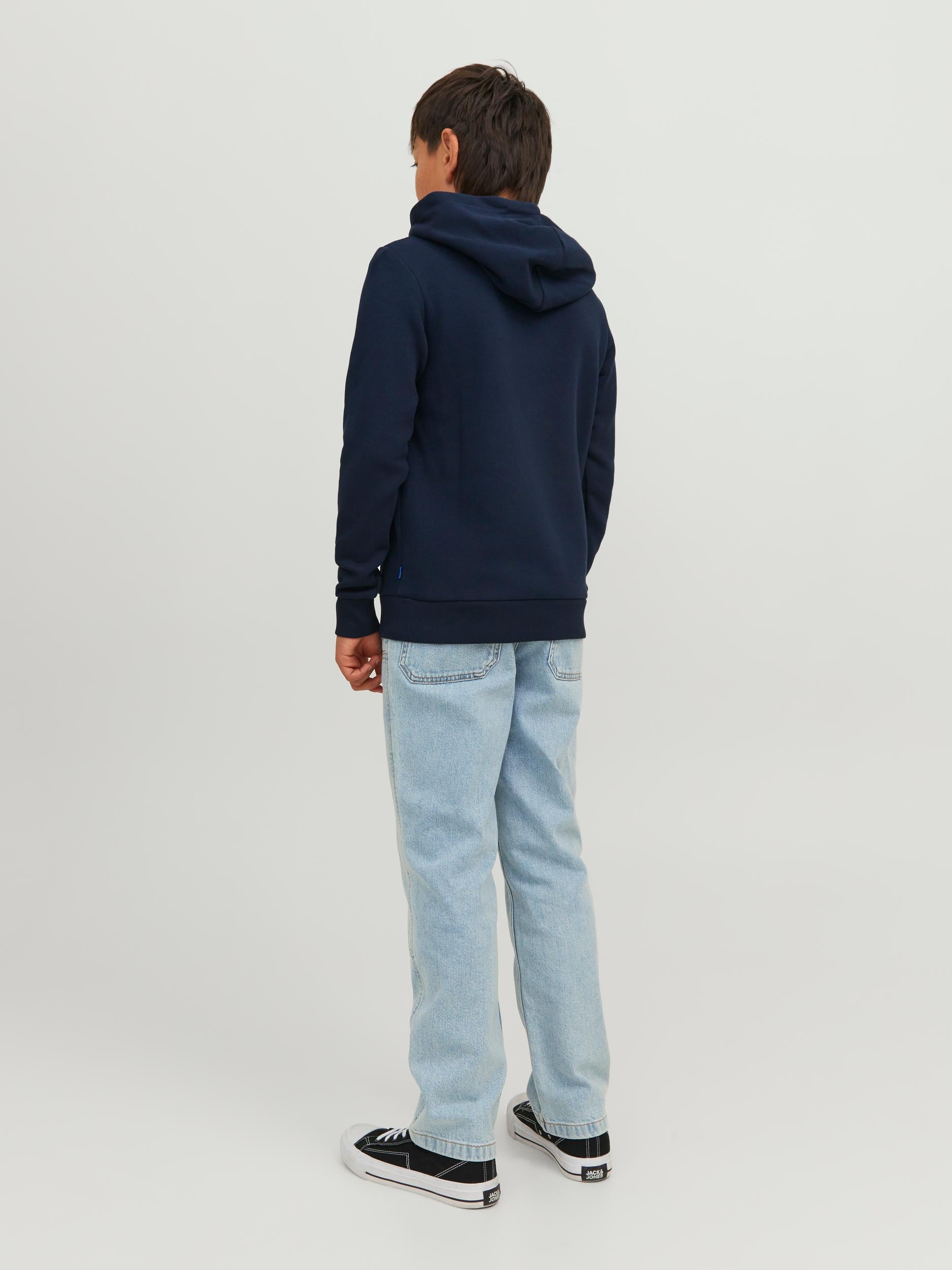 Boy's Navy Junior Corp Sweat Hood-Model Back View
