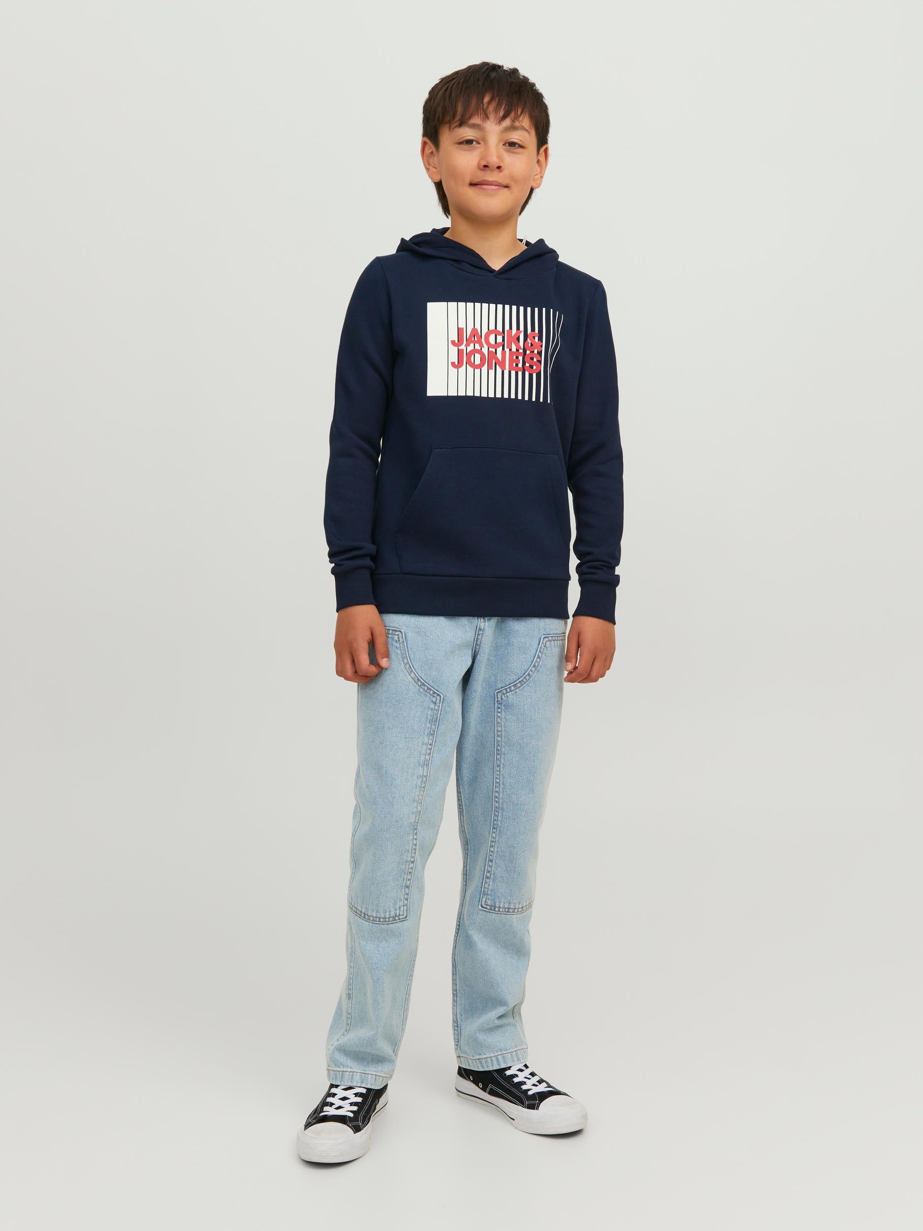 Boy's Navy Junior Corp Sweat Hood-Model Full Front View
