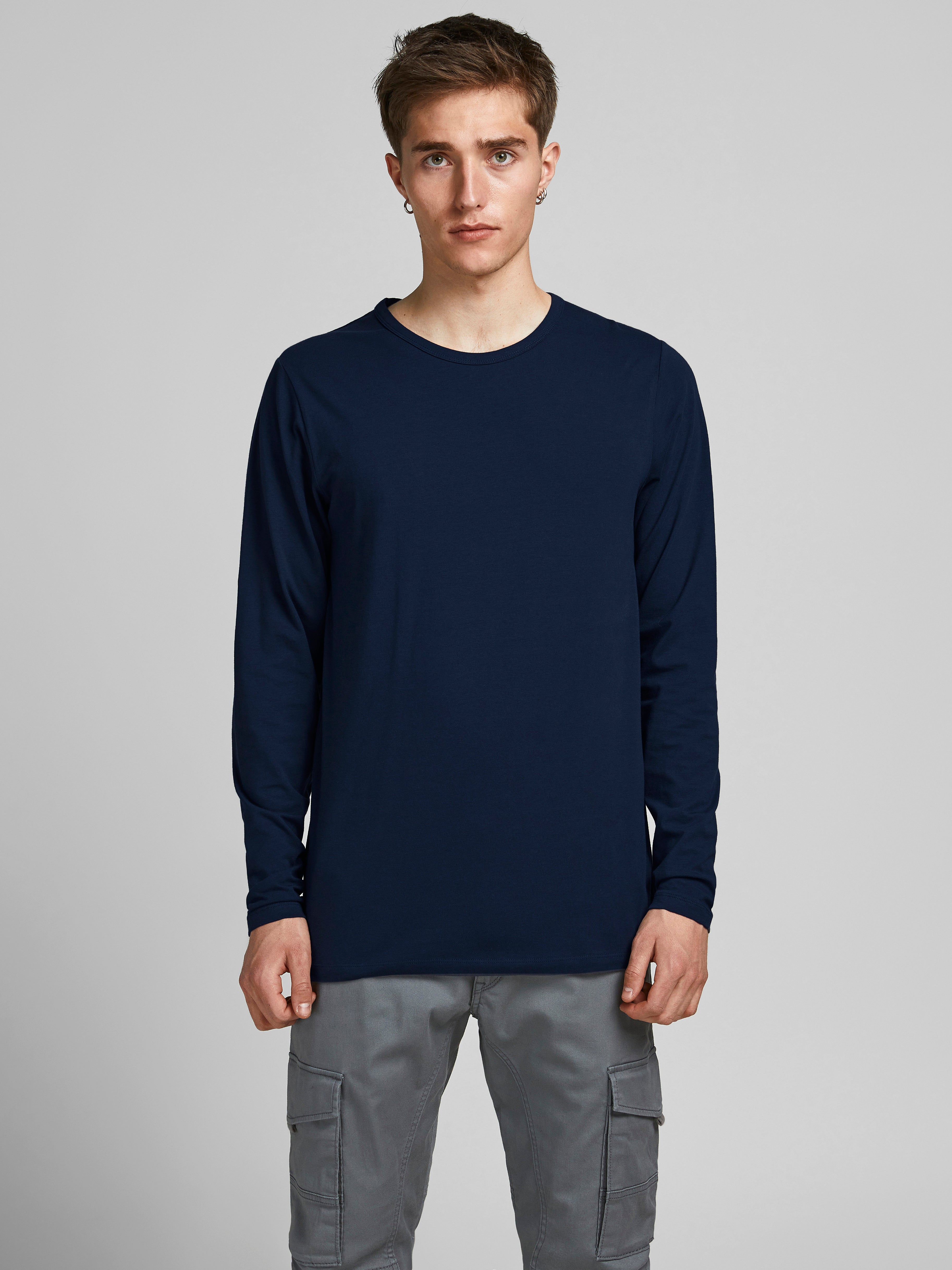 Men's Navy Basic O-Neck Basic Long Sleeve Tee-Front View