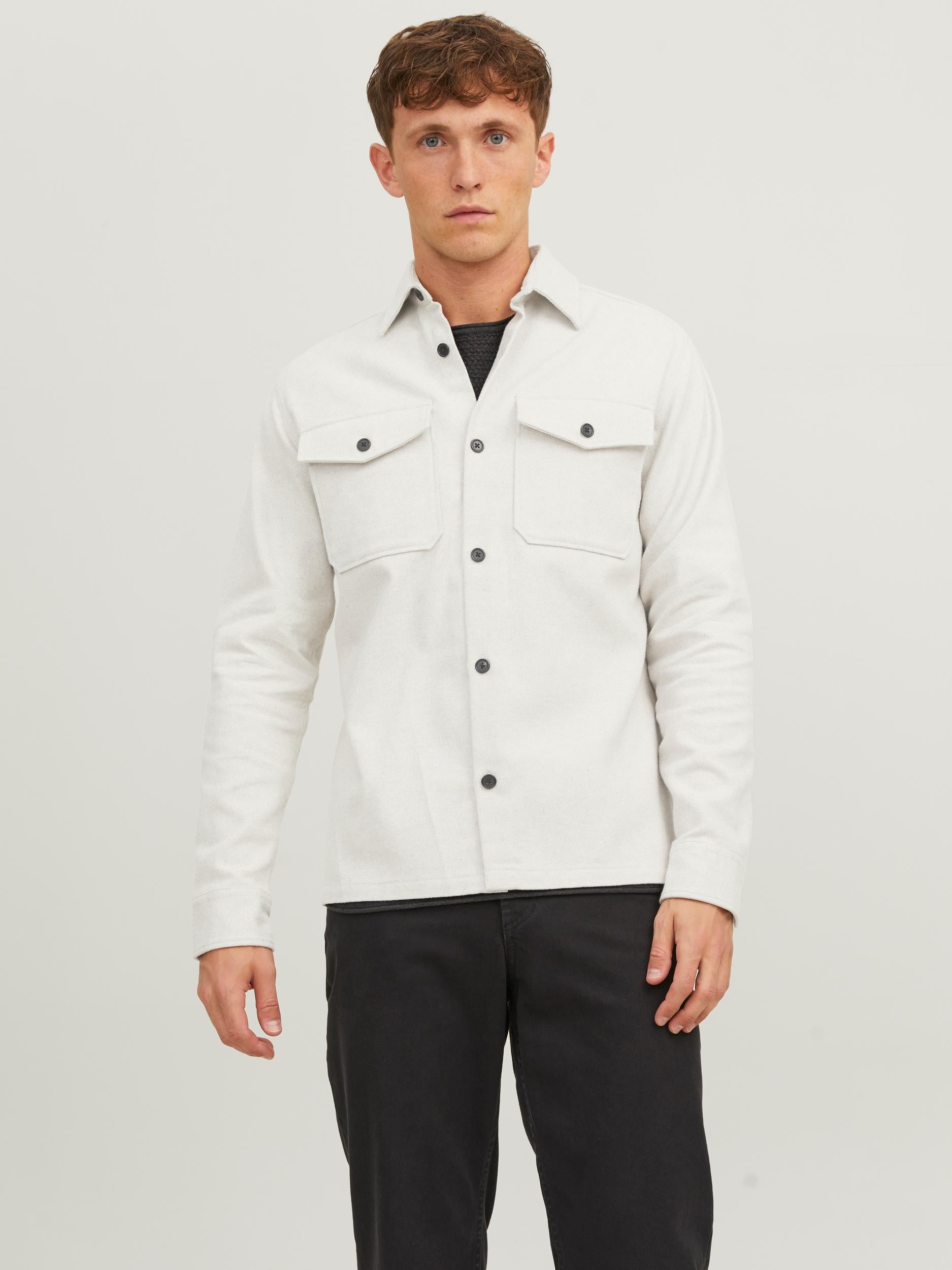 Men's Roy Solid Overshirt Long Sleeve-White Melange-Closed Front View