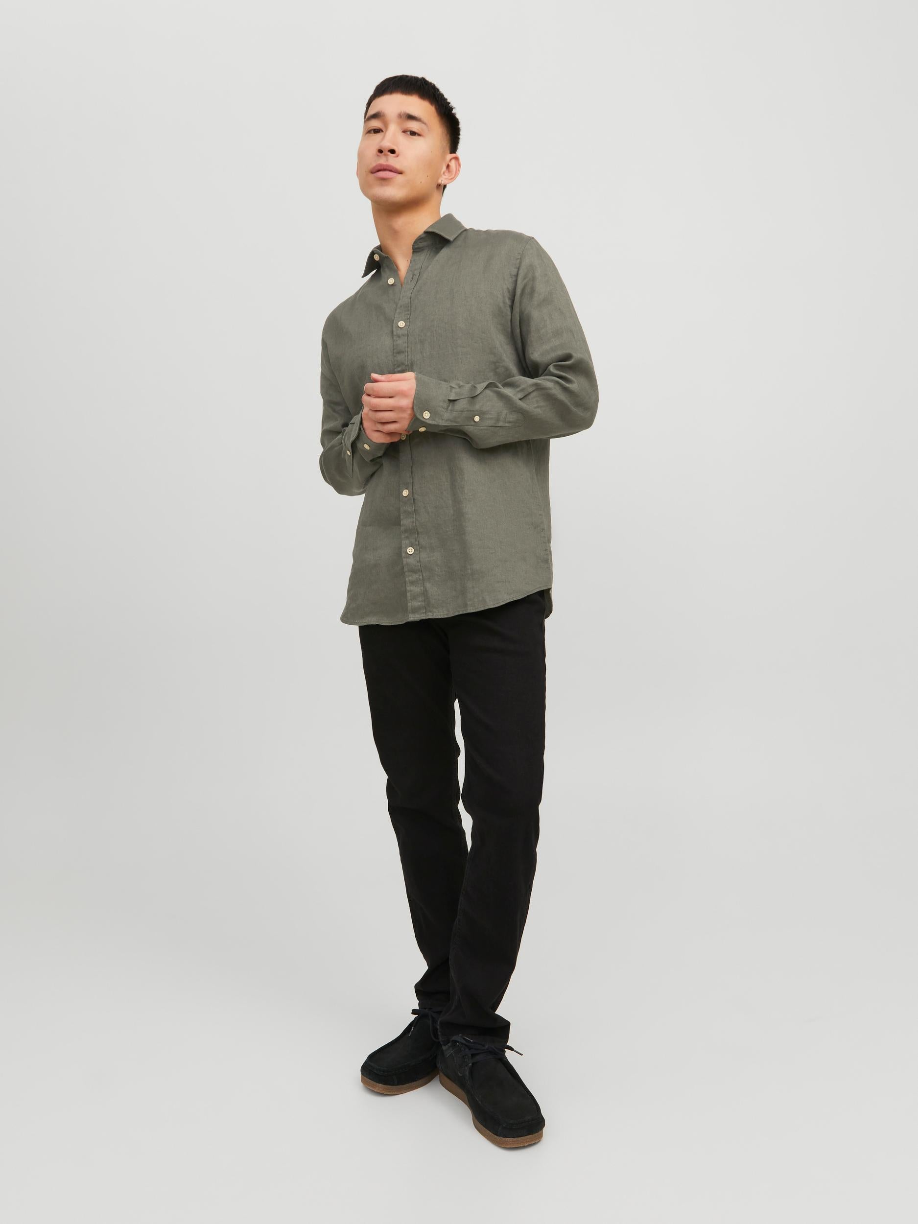 Men's Ordinary Long Sleeve Beetle Linen Shirt-Model Full Front View
