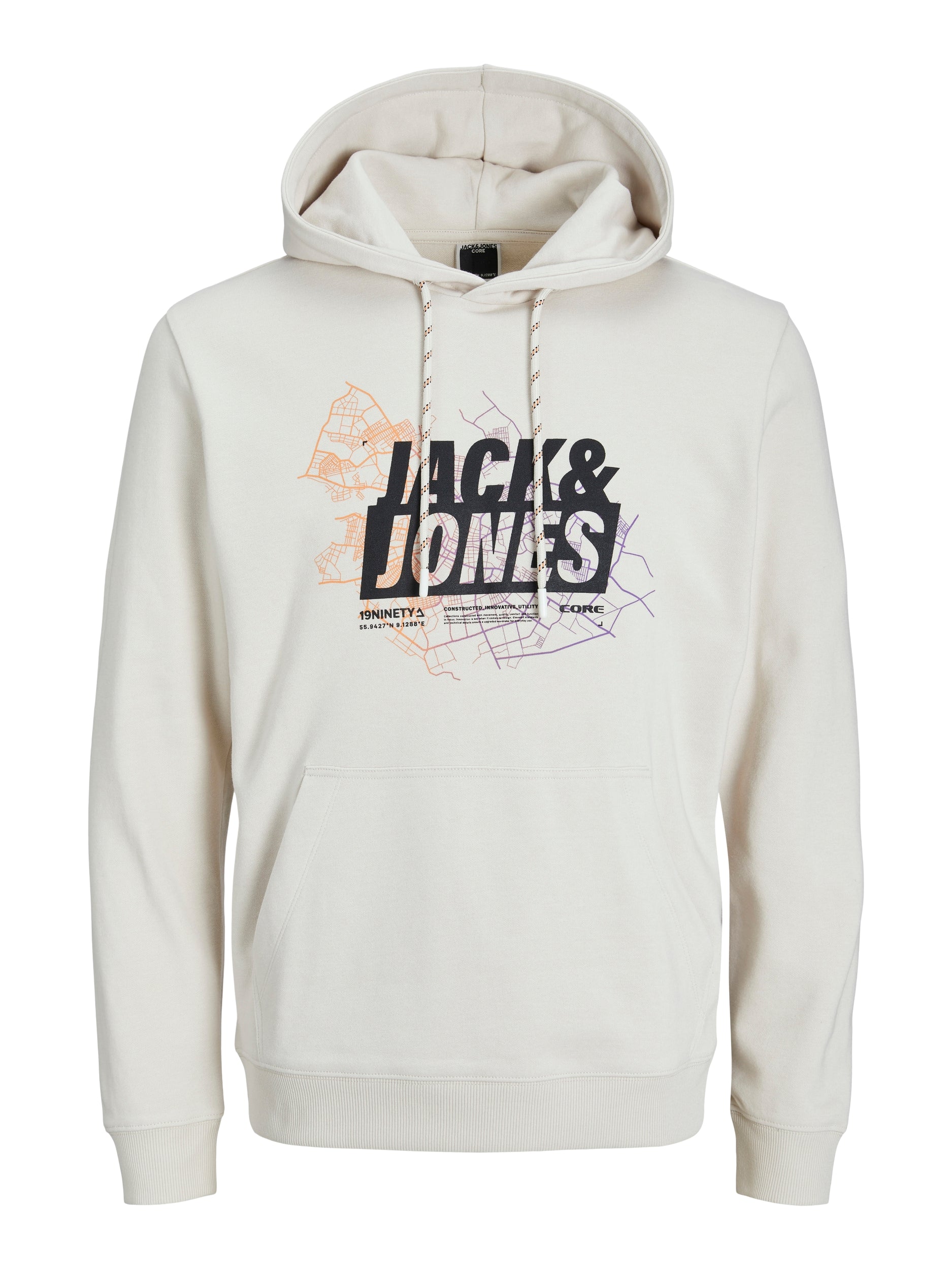 JACK JONES CORE Map Logo Sweat Hood-Moonbeam Moonbeam flat front view