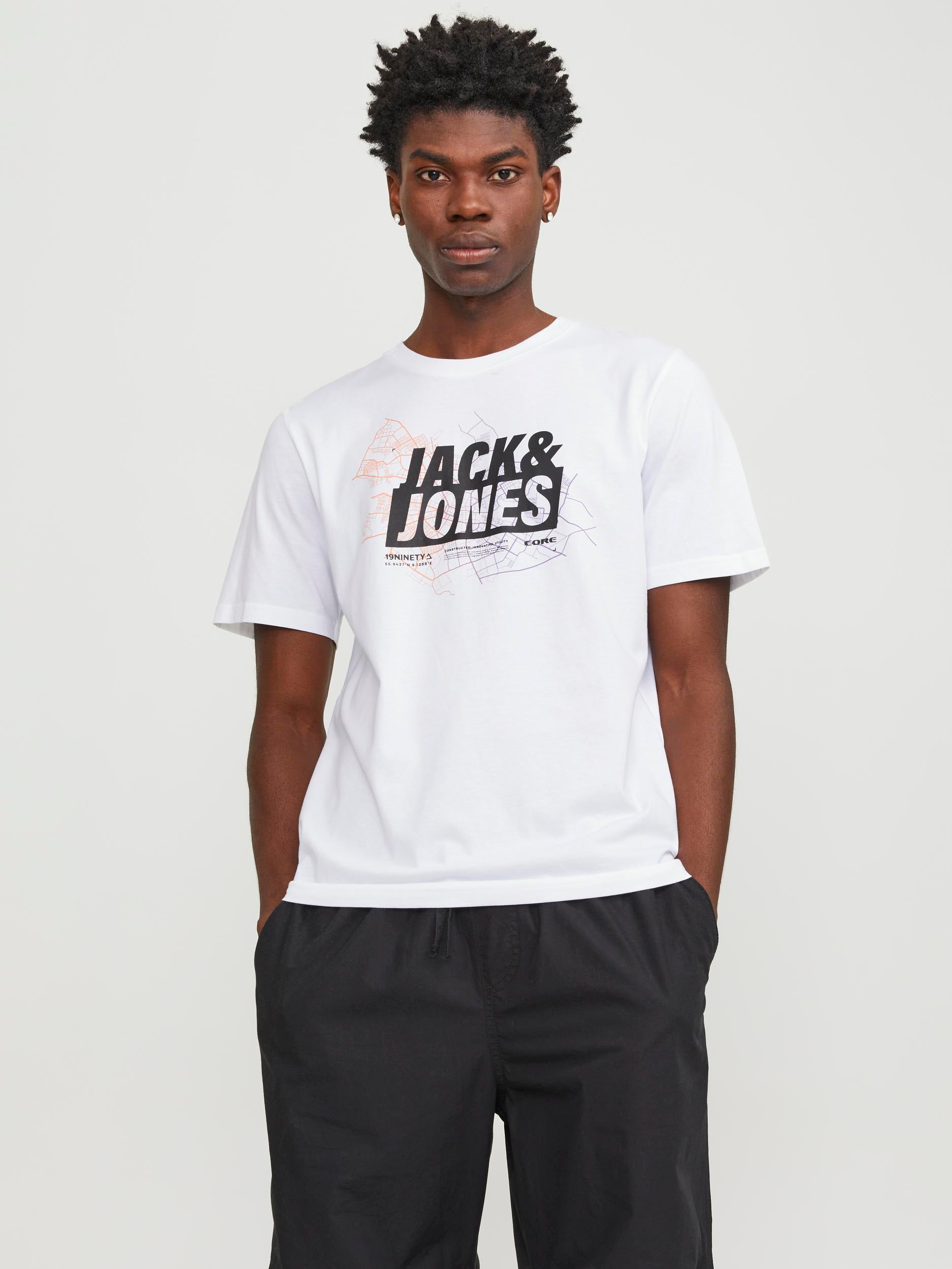 Men's Map Logo Tee Short Sleeve Crew Neck-White-Model Front Views