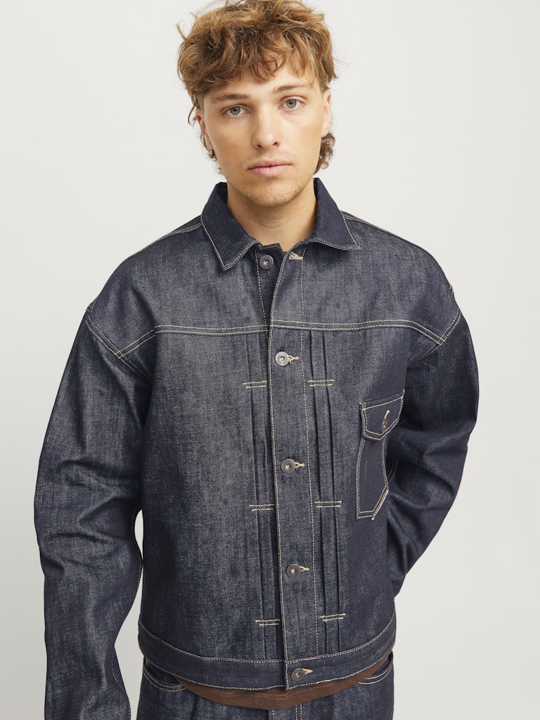 JACK & JONES Brent Selvedge Blue Denim Jacket BLUE DENIM model front view