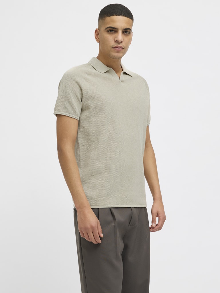 JACK&JONES Hill Knit Split Neck Polo-Oatmeal OATMEAL front view