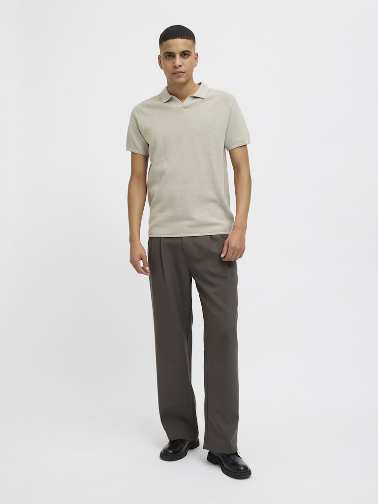 Men's Hill Knit Split Neck Polo-Oatmeal-Model Full Front View