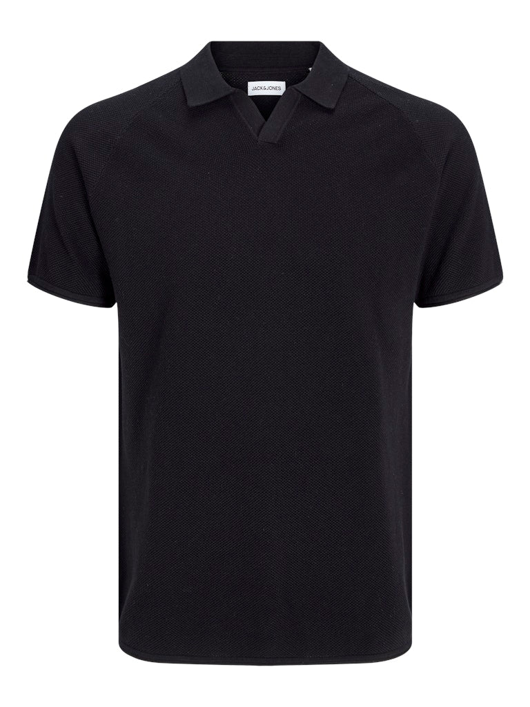 JACK&JONES Hill Knit Split Neck Polo-Black BLACK flat front view