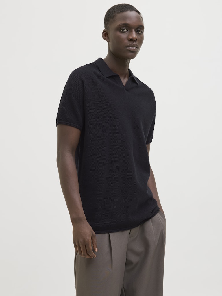 JACK&JONES Hill Knit Split Neck Polo-Black BLACK front view