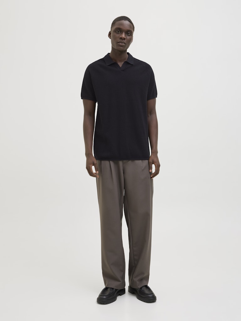 JACK&JONES Hill Knit Split Neck Polo-Black BLACK model front view