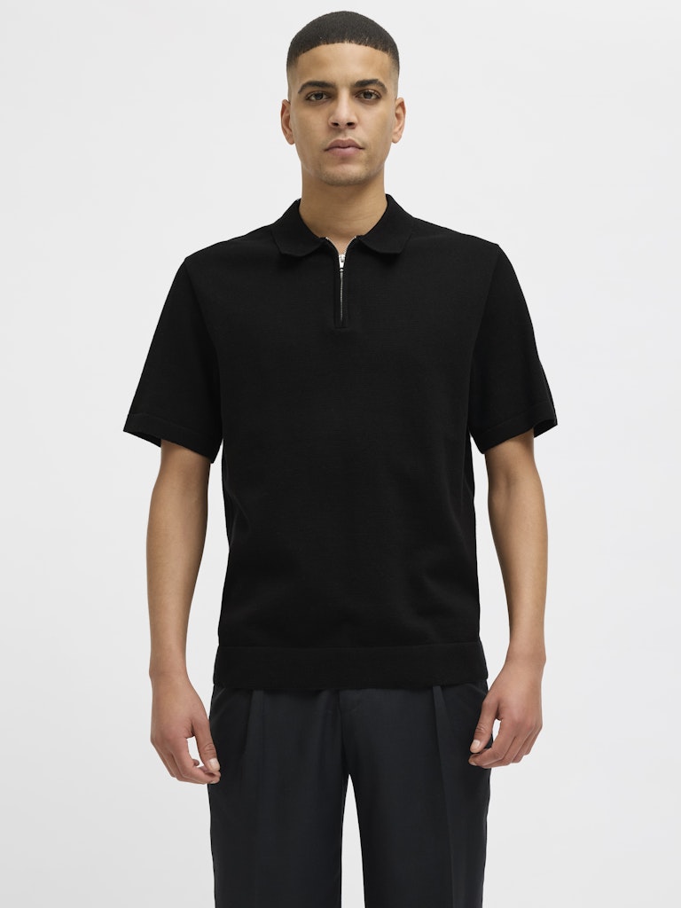 JACK JONES PREMIUM Milano Spring Knit Polo Short Sleeve-Black BLACK front view