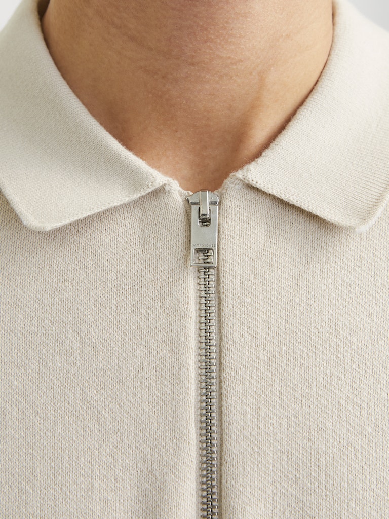Men's Troy Knit Zip Polo-Moonbeam-Zip Fastening View