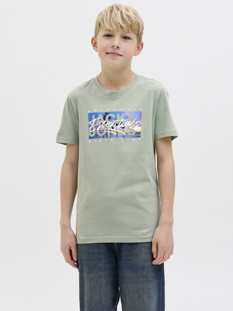Jack Jones Youths Colton Photoprint Junior Tee Short Sleeve Crew Neck-Iceberg Green Iceberg Green front view
