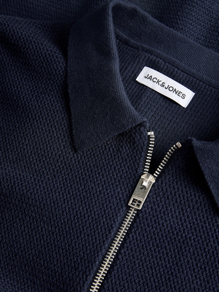 Navy blue zip-up polo shirt with 'Jack & Jones' label