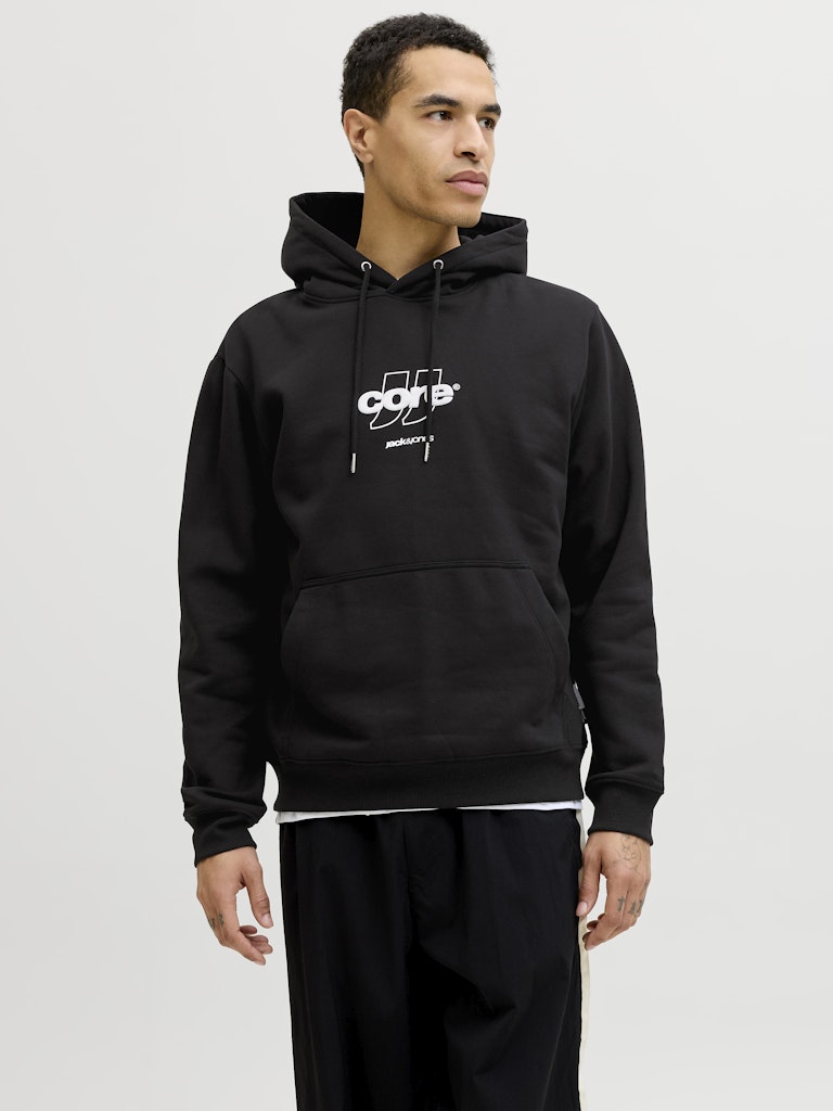 Men's Club Front Print Sweat Hood-Black-Model Front View