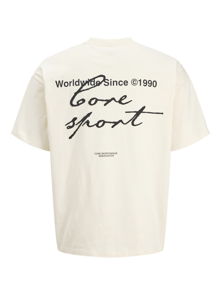 Cream t-shirt with black text on a white background